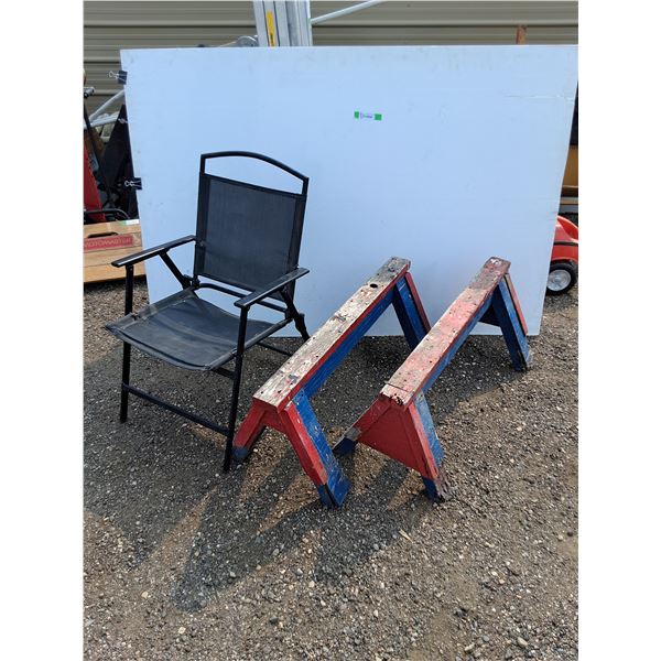 **(2) Wooden Sawhorses and Folding Chair, Cannot Ship