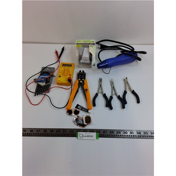 Multi-Meter, Heat Gun - Both Tested, Pliers, Stripper, Torx Key Set, Tire Patch Set, Dimmer Switch