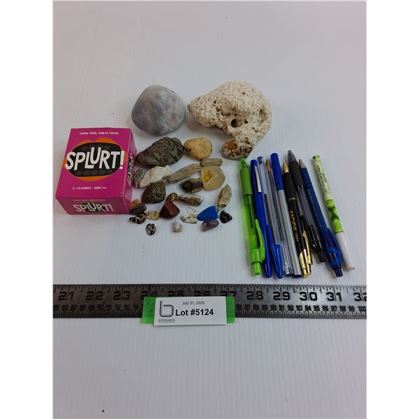 Assorted Rocks (Coral, Petrified Wood, Polished Stones), Splurt Card Game, Pens