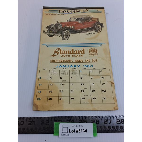 Vintage 1931 "Standard Auto Glass" Cars Calendar