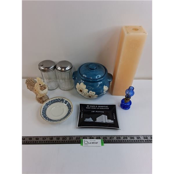 Ceramic Jar, "St.Paul's Hospital" Glass  Ash Tray, Sugar Dispensers, Table Decor, Large Candle