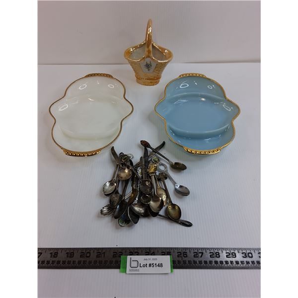 (2) Vintage Fire-King Platters, Lustreware Table Decor, Souvenir Spoons