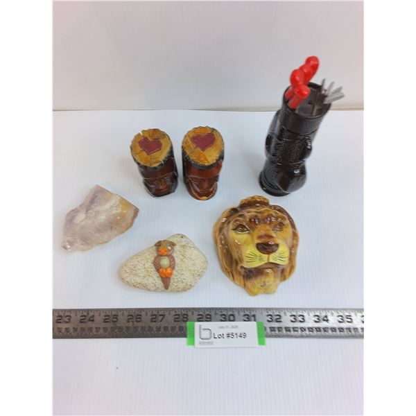 Assorted Table Ornaments, Avon "Golf Bag" Empty Cologne Bottle