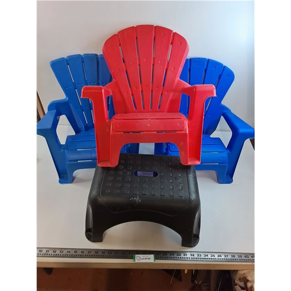 ** (3) Stackable Kids Plastic Adirondack Chairs, Plastic Foot Stool-Pickup Preferred