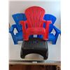Image 1 : ** (3) Stackable Kids Plastic Adirondack Chairs, Plastic Foot Stool-Pickup Preferred