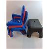 Image 2 : ** (3) Stackable Kids Plastic Adirondack Chairs, Plastic Foot Stool-Pickup Preferred