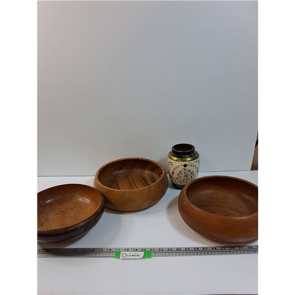 (3) Wooden Serving Bowls & Wooden Painted Vase