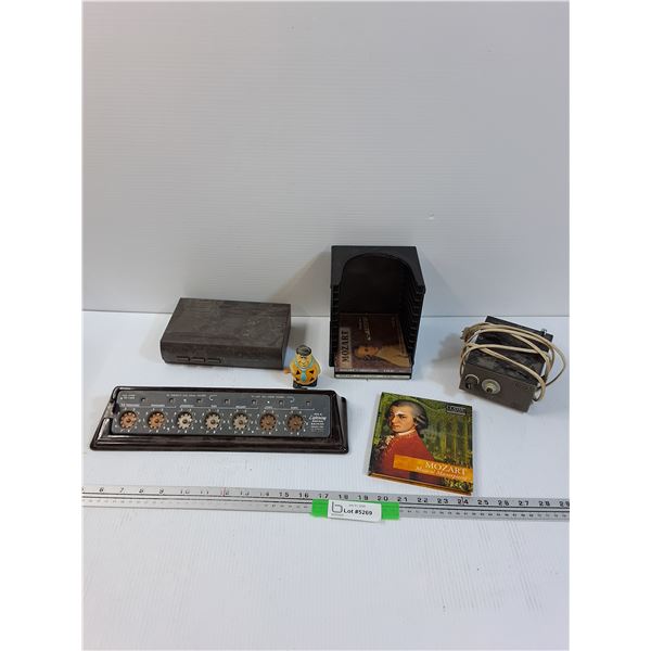 Lot: Fred Flintstone Walking Toy, Mozart CDs & Book, Counting Machine (As Is), AV Input & Amp Electr