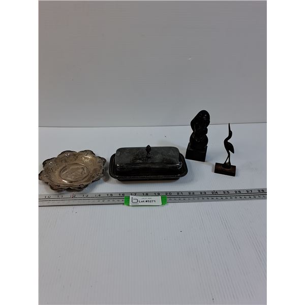 (2) Silver Plated Butter Dish & Serving Plate, Wood Carved Crane & Lady Figurines
