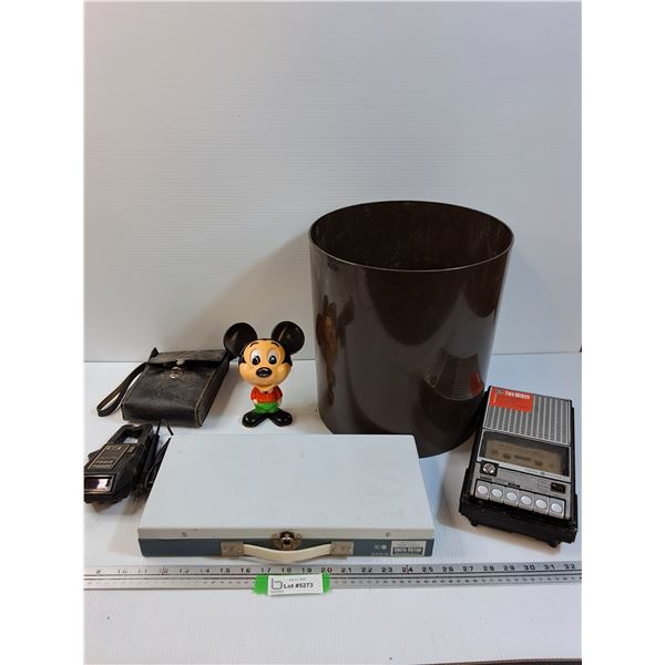 Lot: Garbage Can, Mickey Mouse Toy, Cassette Player w/Police Tape, Power Tester in Case, Slide Case