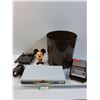 Image 1 : Lot: Garbage Can, Mickey Mouse Toy, Cassette Player w/Police Tape, Power Tester in Case, Slide Case