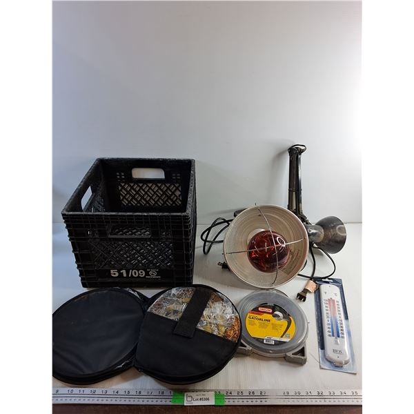 Hanging Light Fixture, Desk Lamp, Magnum Gatorline, Thermometer, Circular Saw Blades and Milk Crate