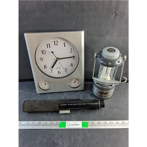 Quartz Wall Clock, Co Op Electric Camp Lantern and Zoom Spotting Scope