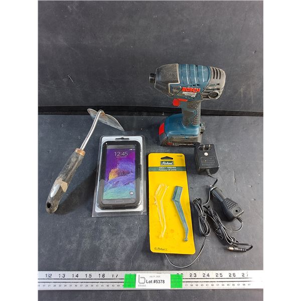 Bosch 18V Lithium Ion Cordless Drill - Tested, Garden Hoe, Phone Case, Charger and Grout Finisher