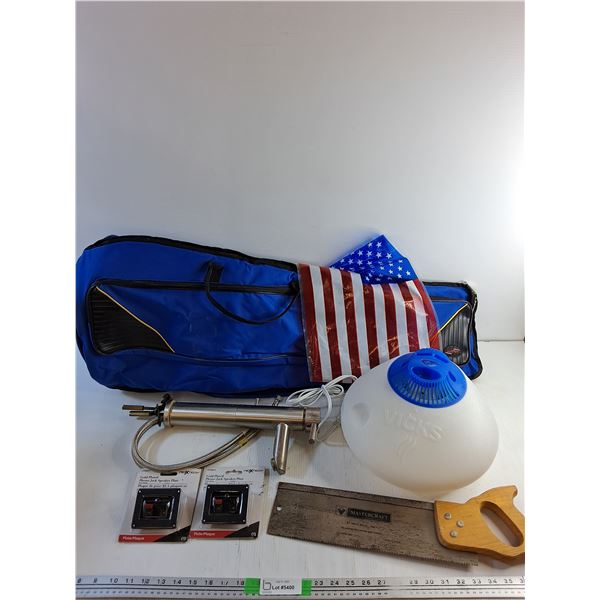 Sink Tap, Gold Plated Phono Jack Speaker Plates, Mastercraft Hand Saw, Duoer Bag 35" x 16" and Misc