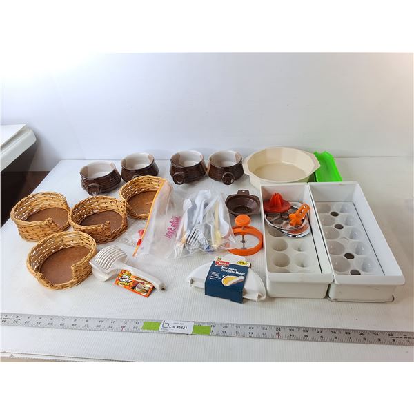 Kitchen Lot- (2) Ice Cube Trays, Microwave Omelette Maker, Plastic Utensils, Misc.