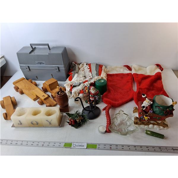 Thermos Lunchkit, (2) Christmas Stockings, Wooden Cars, Misc.