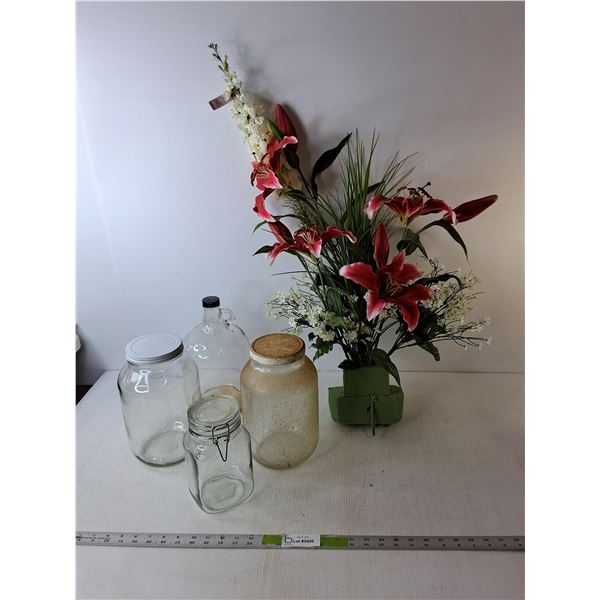 Artificial Flowers & (4) Glass Jars/Jugs Up to 12" Tall