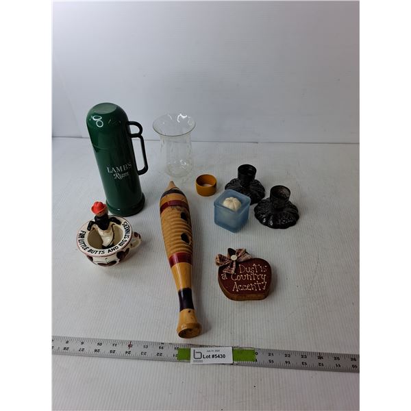 Guiro Instrument, (3) Candleholders, Insulated Canteen, Misc.