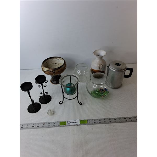 Ceramic Vase, (3) Candleholders, Coffee Percolator, Misc.