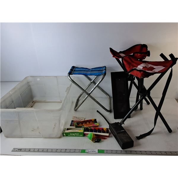 (3) Folding Stools, Plastic Tote 22.5" x 16" x 8.5"- No Lid, Colored Lightbulbs, Misc.