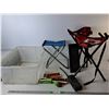 Image 1 : (3) Folding Stools, Plastic Tote 22.5" x 16" x 8.5"- No Lid, Colored Lightbulbs, Misc.