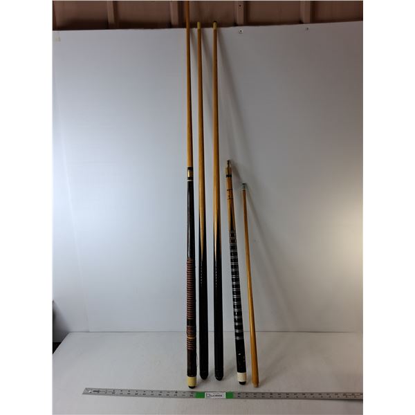 *(4) Pool Cues Up to 56.5" Long- As Is, Cannot Ship