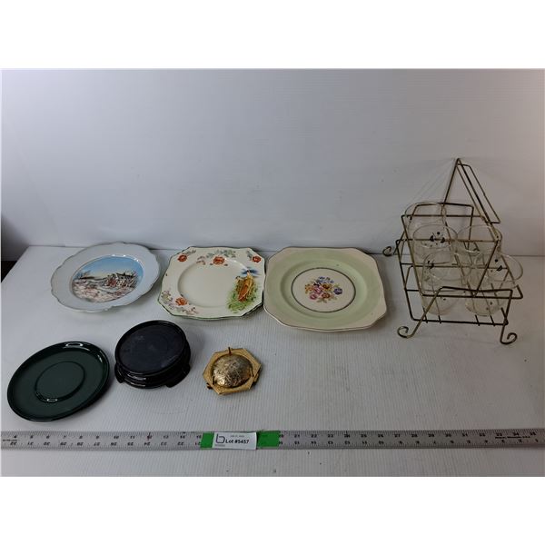 (3) Painted Plates, Metal Cup Carrier, Misc.
