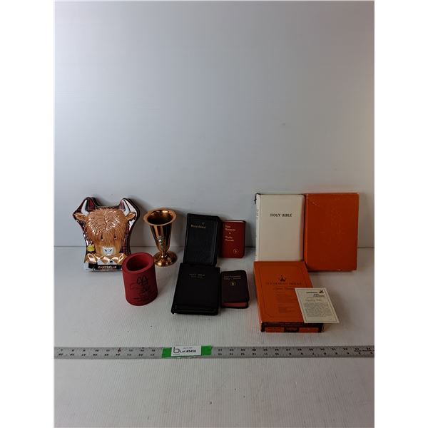 (5) Bibles, Campbell's Shortbread Tin, Decorative Goblet, McDonald's Koozie