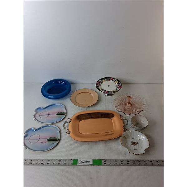 Copper Serving Tray 12" Long, (2) Painted Vanity Trays, Footed Rotating Plate, Misc.