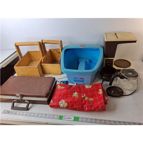 Coffeematic Coffeemaker- Powers On, Dazey Footsaver- Powers On, (2) Wood Baskets, Misc.