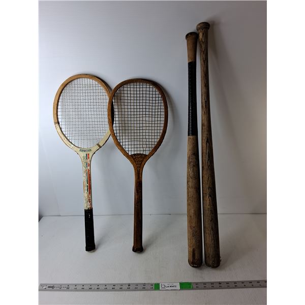 (2) Vintage Tennis Raquets & (2) Baseball Bats