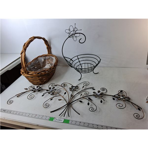 Flowered Metal Wall Art 38" Long, Woven Basket & Fruit Basket- PICK UP ONLY