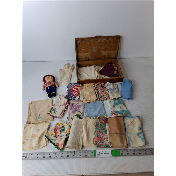 Vintage Handkerchiefs, Mini Raggedy Anne Doll 6.5" & Wooden Box