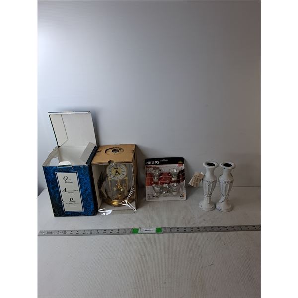 (2) Candeholders, (5) Indoor Floodlights, Quartz Table Clock- Untested