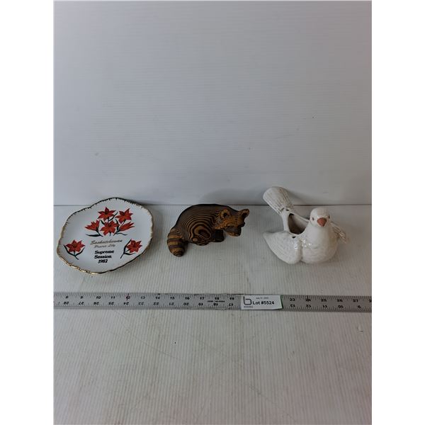 Home Decor items- Saskatchewan Prairie Lily Plate, Wooden Raccoon & Ceramic Dove