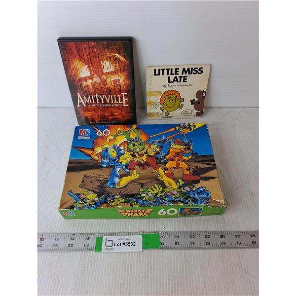 Amityville DVD, Little Miss Late Book & Bucky O'Hare Puzzle- As Is
