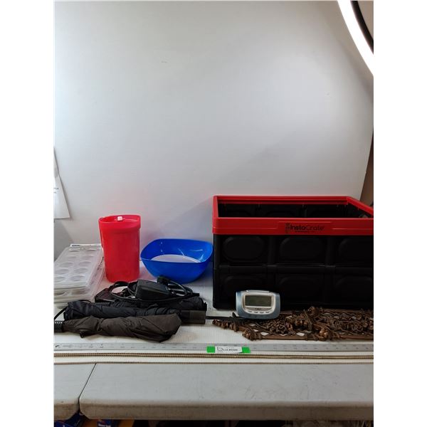 Black Storage Bin, (3) Umbrellas, (4) Ice Cube Trays, Alarm Clock, Bowl & Water Pitcher