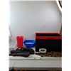 Image 1 : Black Storage Bin, (3) Umbrellas, (4) Ice Cube Trays, Alarm Clock, Bowl & Water Pitcher
