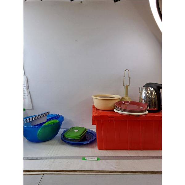 Red Storage Bin & Variety Of Containers, Light & Kettle- 19.5" x 15" x 9"
