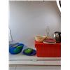 Image 1 : Red Storage Bin & Variety Of Containers, Light & Kettle- 19.5" x 15" x 9"