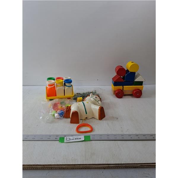 Fisher Price Pony Music Box, Fisher Price Milk Carrier And People, Bag Of Marbles & Stacking Wood Bl