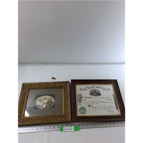 Framed Grand Lodge Of Scotland Certificate 14'' x 12'', Framed Picture 13'' x 11 1/2''  - As Is