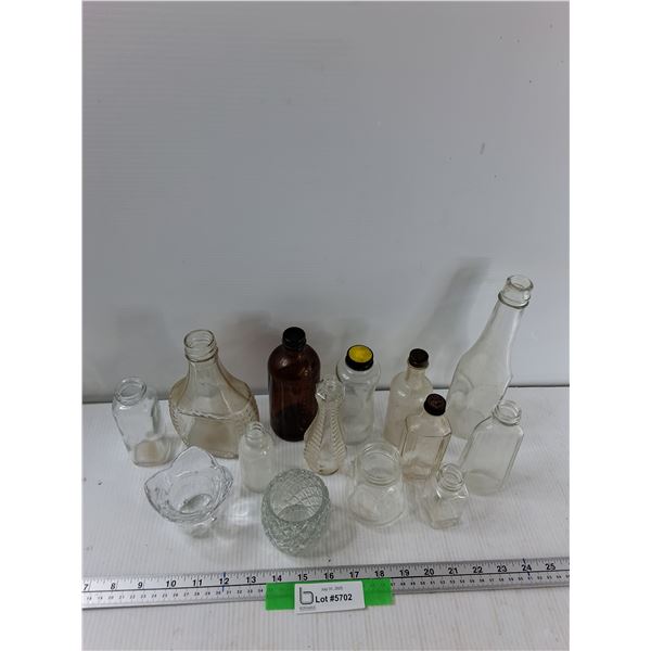 Assorted Glass Bottles - Amber Bottle, Glass Tumbler, Whisky Bottles- As Is