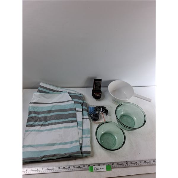 Tablecloth, Dog Shock Collar, New Bright Charger, (2) Glass Mixing Bowls, Misc