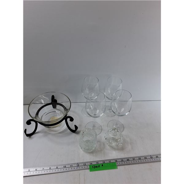 Decorative Glass Bowl Holder, (4) Wine Glasses, (2) Candle Holders