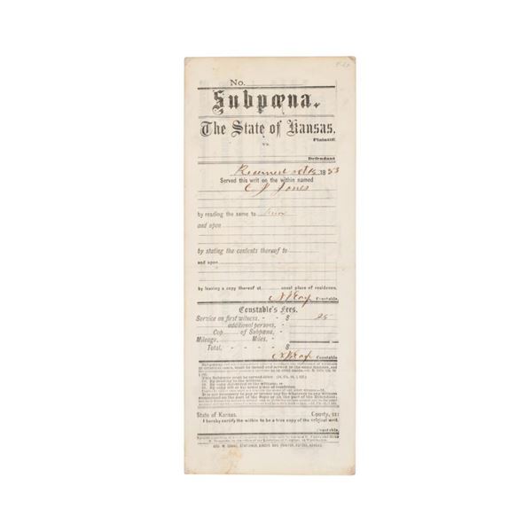 Newton Jasper Earp (1837-1928) Kansas Subpoena