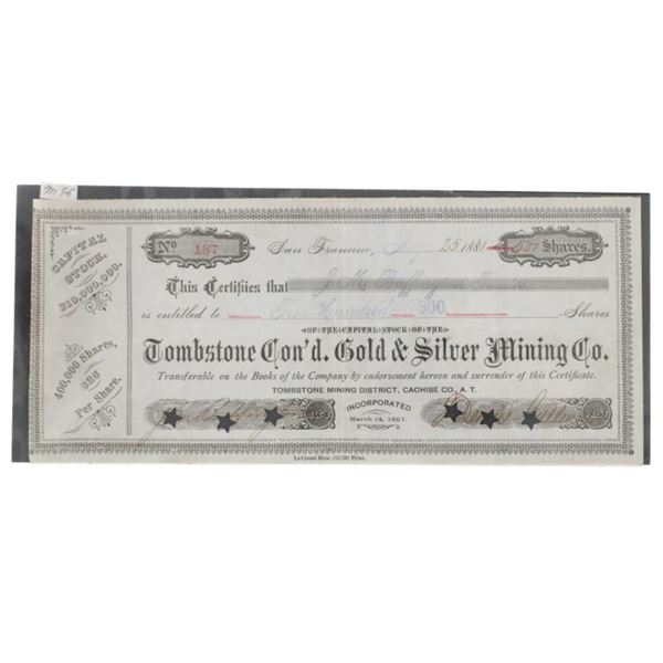 Tombstone Con'd Gold & Silver Mine Stock Cert 1881