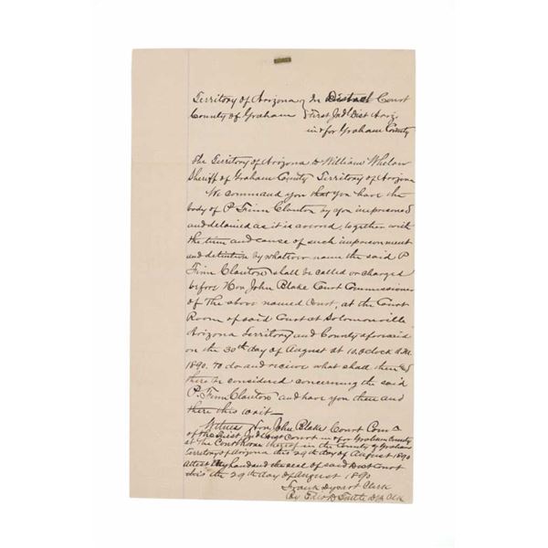 Cochise Cowboy Phin Clanton Arrest Warrant c. 1890