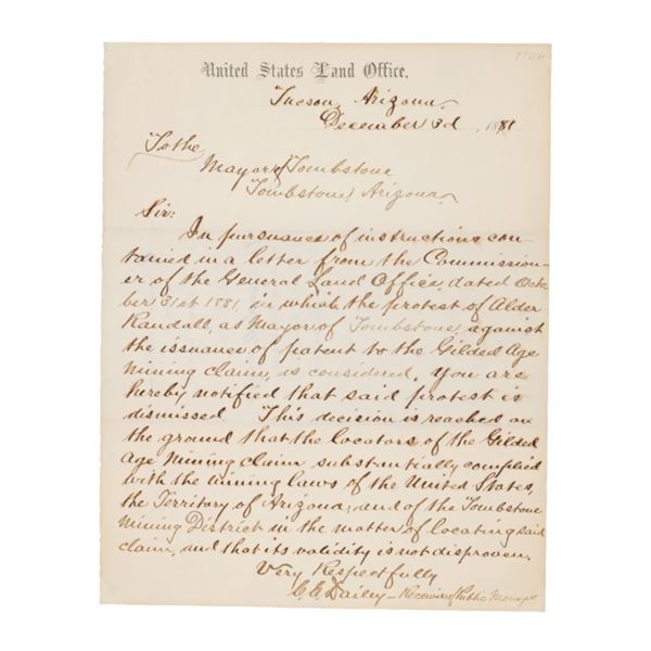 C.D. Bailey Letter On Gilded Age Mining Claim 1881